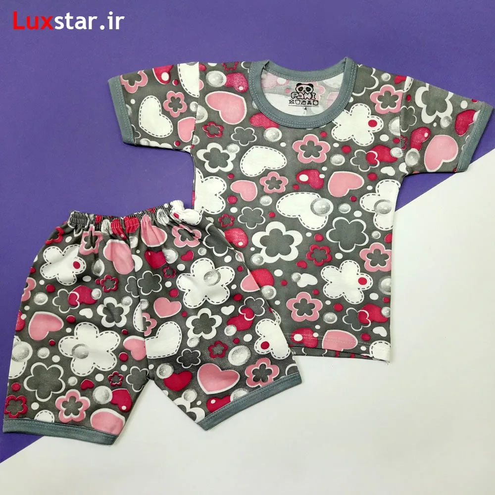 تیشرت شلوارک دخترانه گل طوسی 3