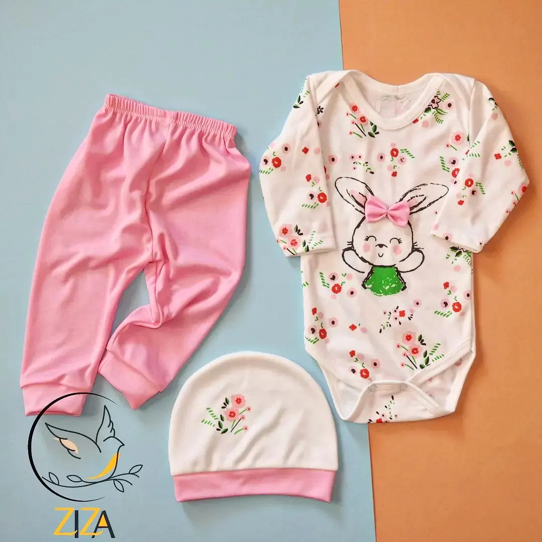 لباس نوزادی 3 تکه خرگوش گل دار سایز 1،2،3 کد 1886