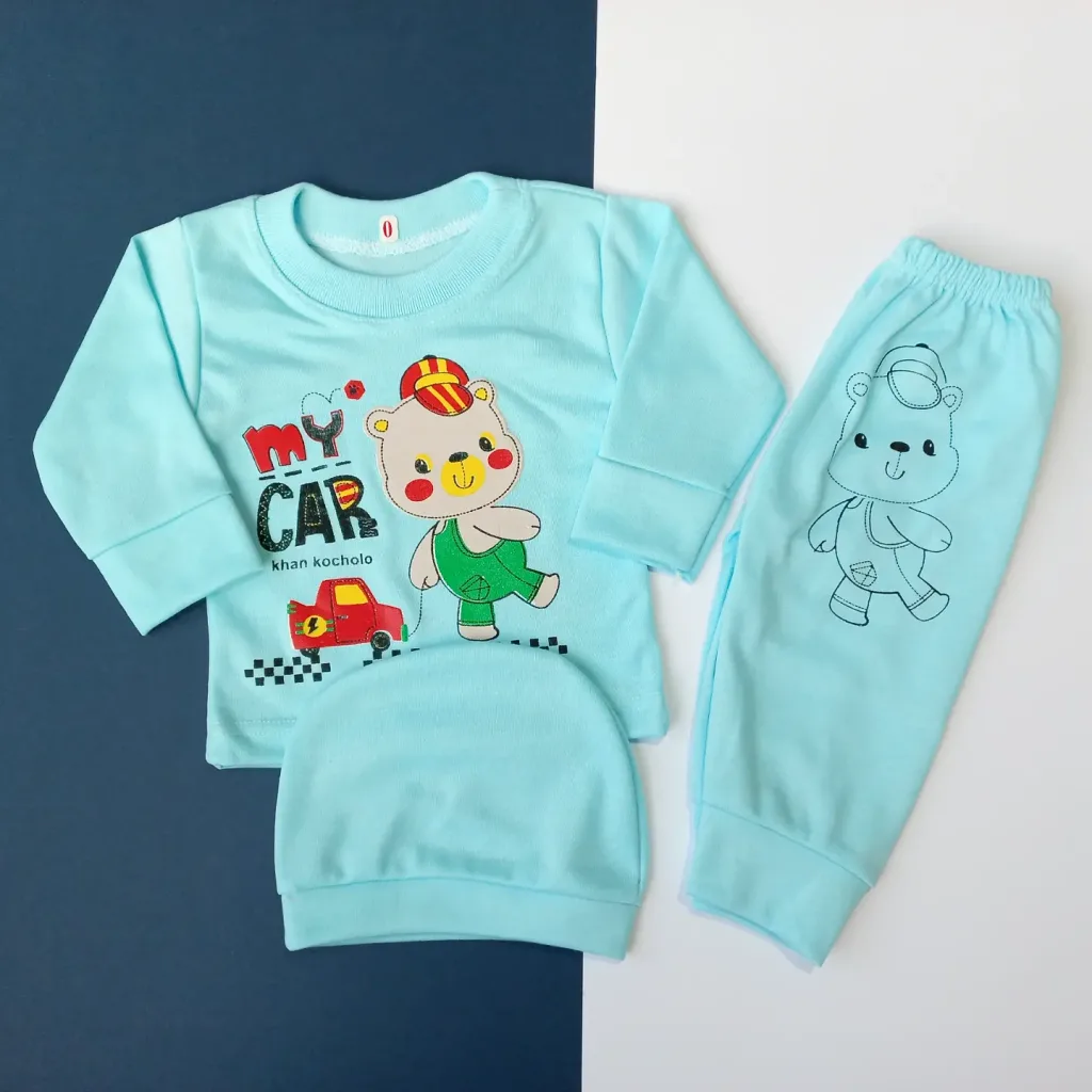 لباس نوزادی سه تکه طرح خرس سایز 0 و 1 کد 1945 آبی