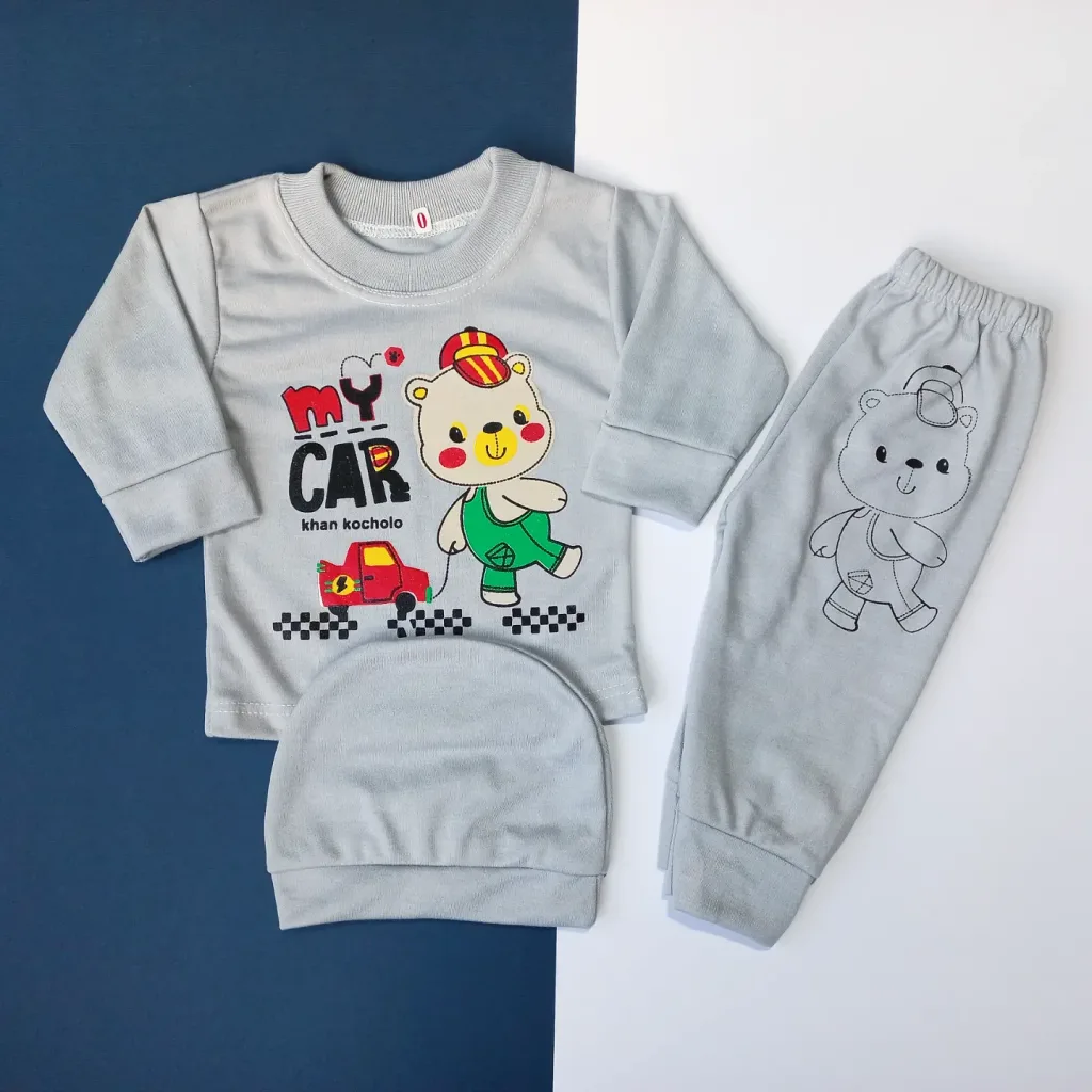 لباس نوزادی سه تکه طرح خرس سایز 0 و 1 کد 1945 طوسی