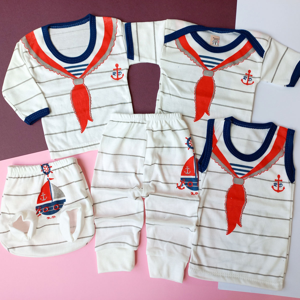 لباس نوزادی 5 تکه طرح ملوان سایزبندی 1،2،3