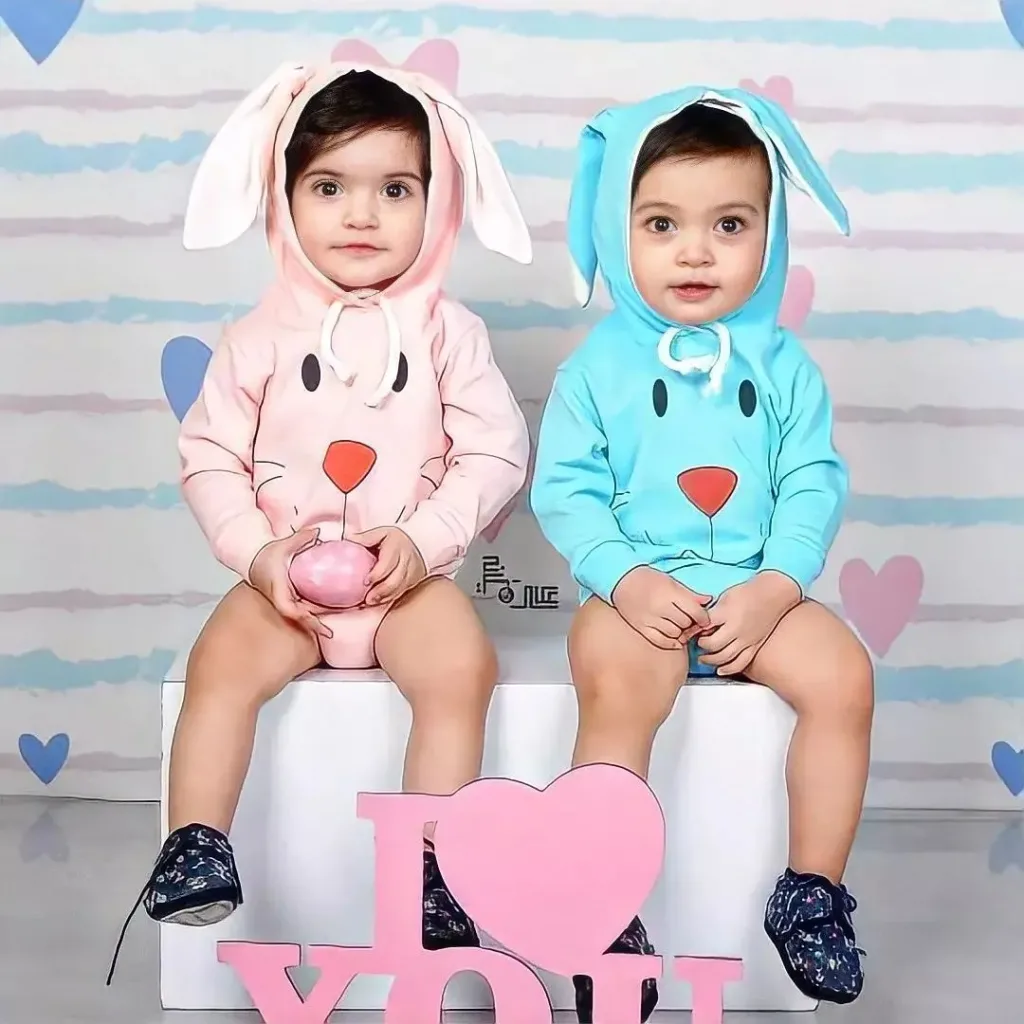 هودی خرگوشی نوزادی - بادی خرگوشی آبی و صورتی 1
