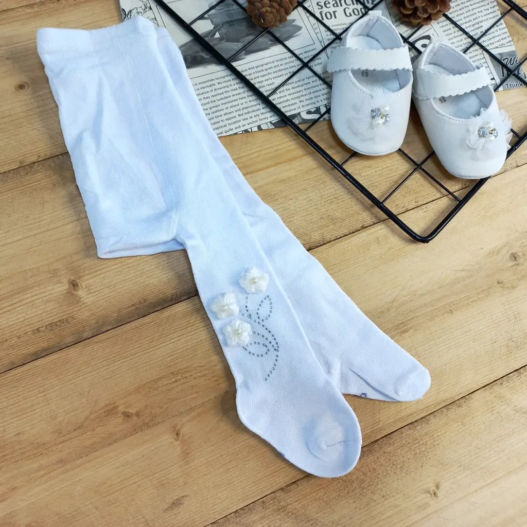 جوراب شلواری ضخیم طرح گل کد 2548 سفید