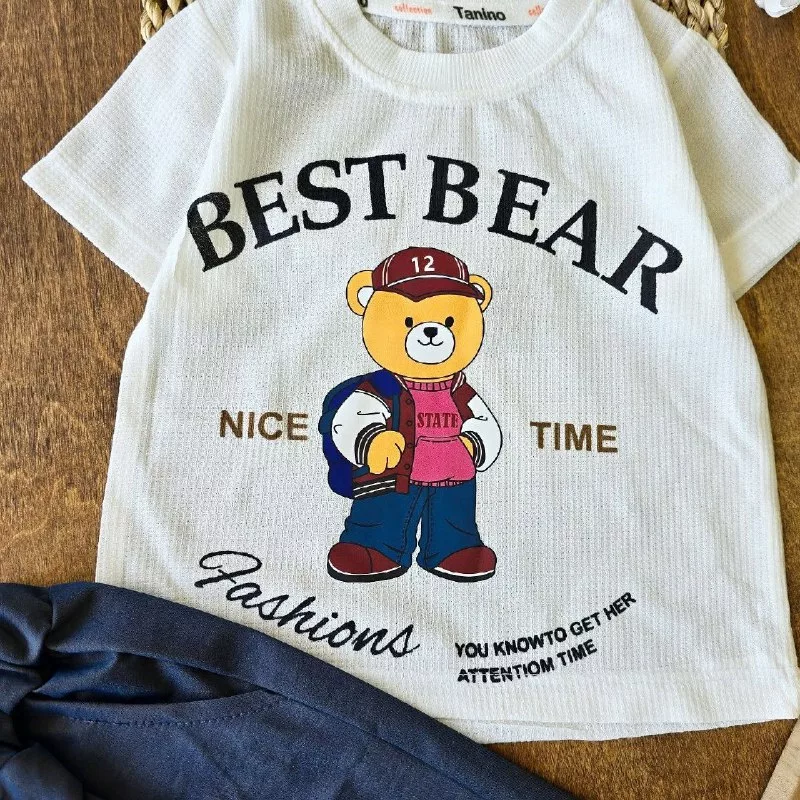 تیشرت شلوارک بیسکویتی کتان خرس best bear کد ۴۷۹۳