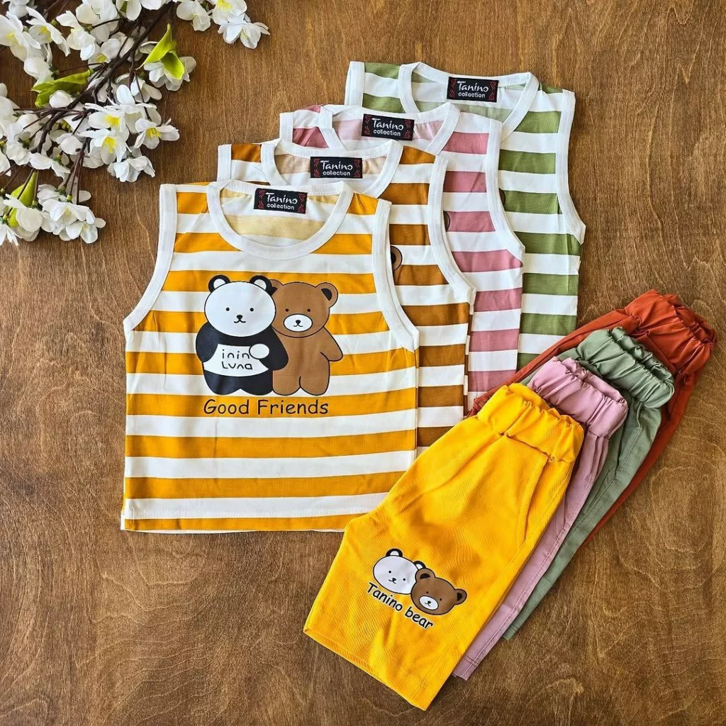 تاپ شلوارک کتان راه راه پاندا و خرس سایز ۳۵ تا ۴۵ کد ۴۸۸۹