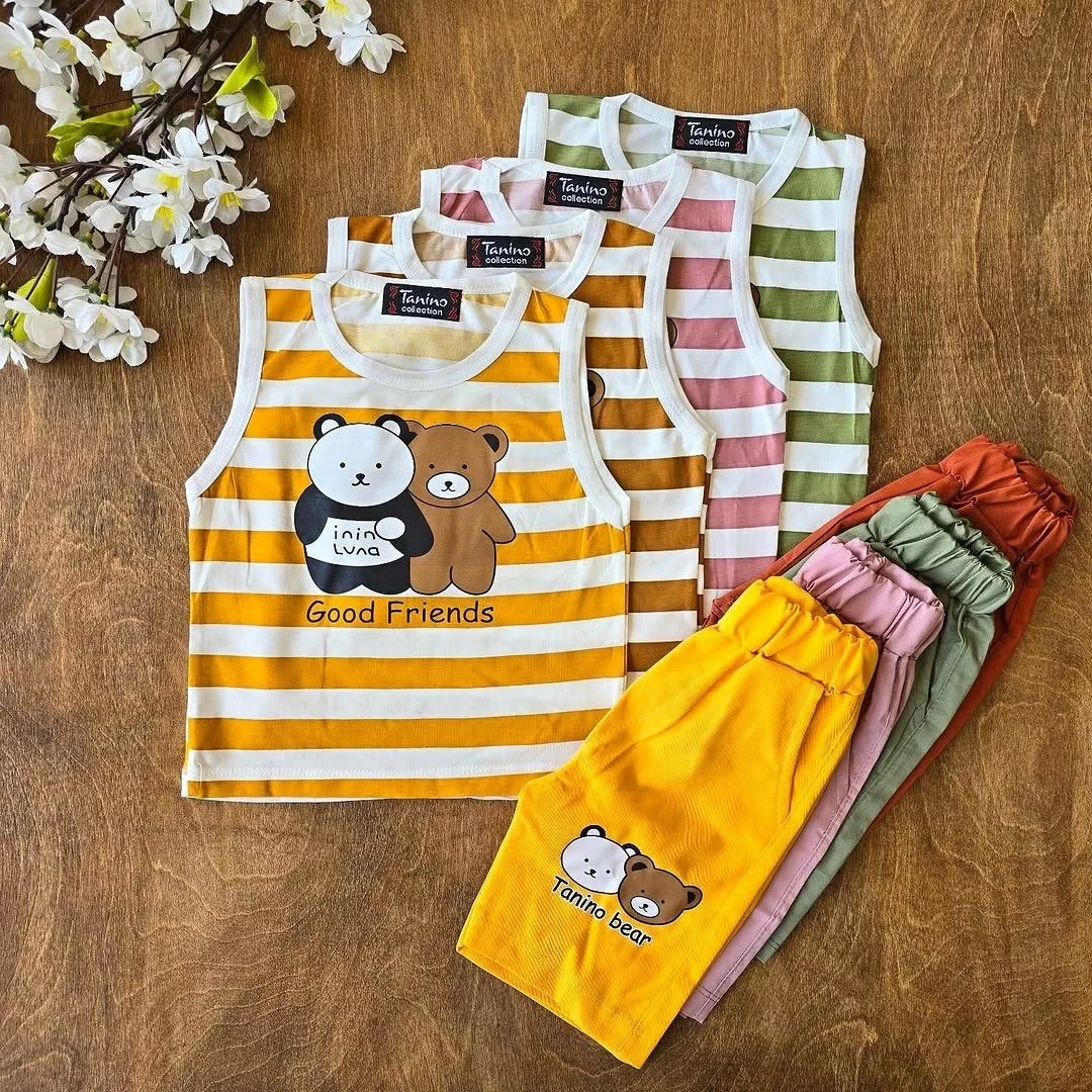 تاپ شلوارک کتان راه راه پاندا و خرس سایز ۳۵ تا ۴۵ کد ۴۸۸۹