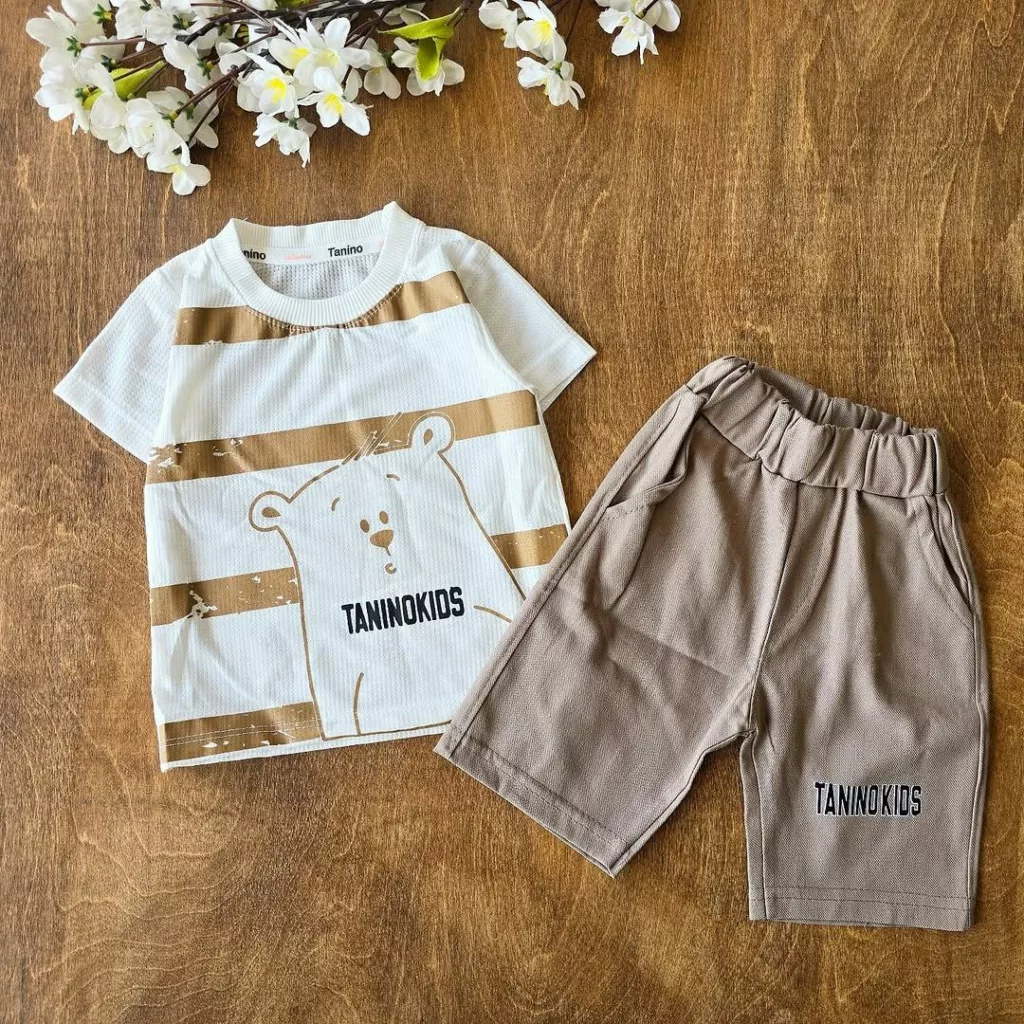 تیشرت شلوارک بیسکویتی کتان خرس راه راه Taninokids کد ۴۹۰۹
