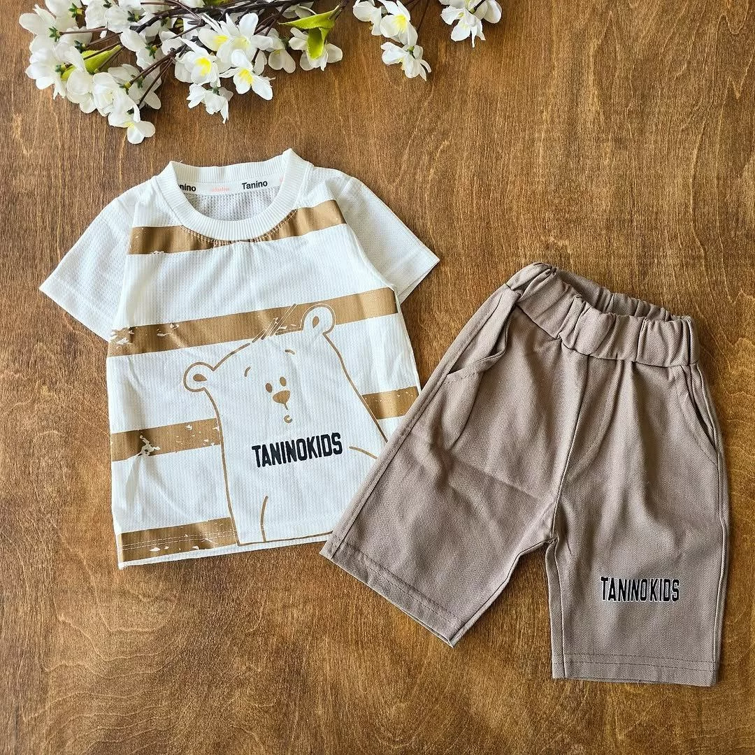 تیشرت شلوارک بیسکویتی کتان خرس راه راه Taninokids کد ۴۹۰۹