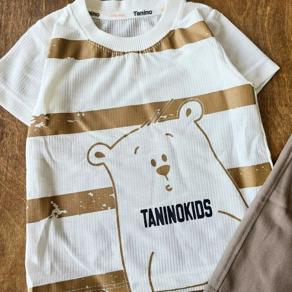 تیشرت شلوارک بیسکویتی کتان خرس راه راه Taninokids کد ۴۹۰۹