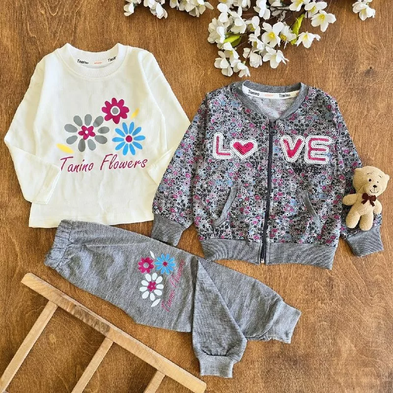 ست ۳ تکه سویشرتی گل گلی طرح Love کد ۵۰۴۸