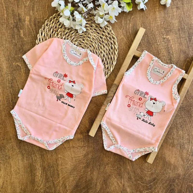 بادی رکابی و آستین کوتاه صورتی خرس سایز صفر تا ۳ کد ۵۰۹۳