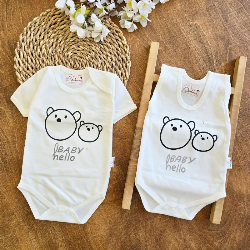 بادی رکابی و آستین کوتاه دو خرس سفید سایز صفر تا ۳ کد ۵۰۹۲