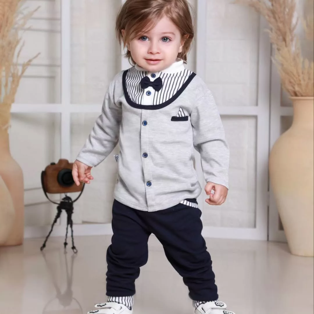 بلوز شلوار پاپیونی طوسی سرمه ای سایز 1 تا 5 کد 1712