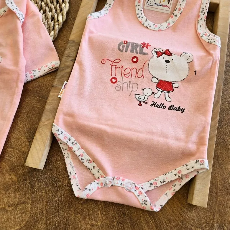 بادی رکابی و آستین کوتاه صورتی خرس سایز صفر تا ۳ کد ۵۰۹۳