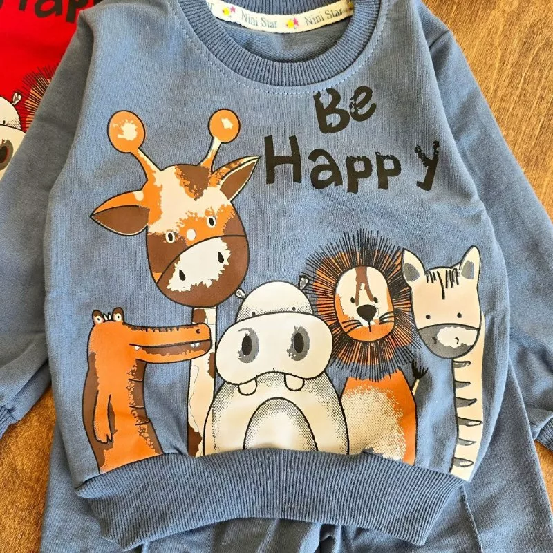 بلوز شلوار دورس پنبه زرافه و حیوانات Be happy کد ۵۱۵۸