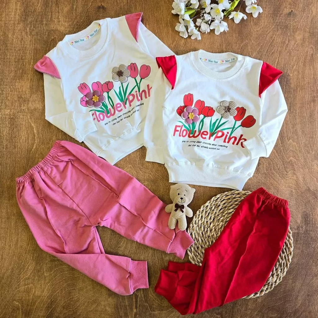 بلوز شلوار دورس پنبه دو گل برجسته flower pink (ns) کد ۵۱۵۷