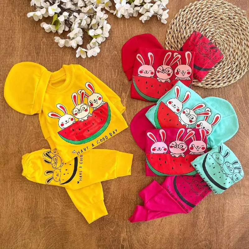 بلوز شلوار کلاه سه خرگوش و هندوانه سایز ۰،۱ کد ۵۲۴۰