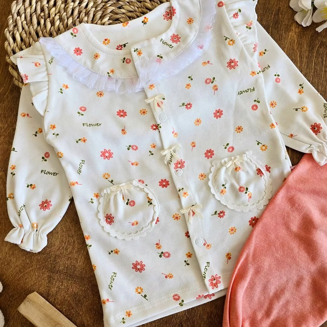 بلوز شلوار جلو دکمه گلبهی نباتی سایز 1 تا 5 کد 2442