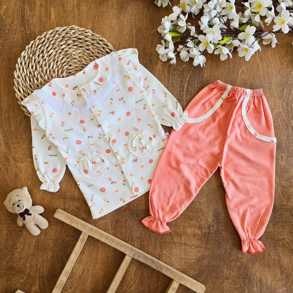 بلوز شلوار جلو دکمه گلبهی نباتی سایز 1 تا 5 کد 2442