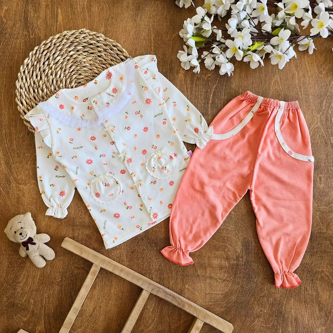 بلوز شلوار جلو دکمه گلبهی نباتی سایز 1 تا 5 کد 2442