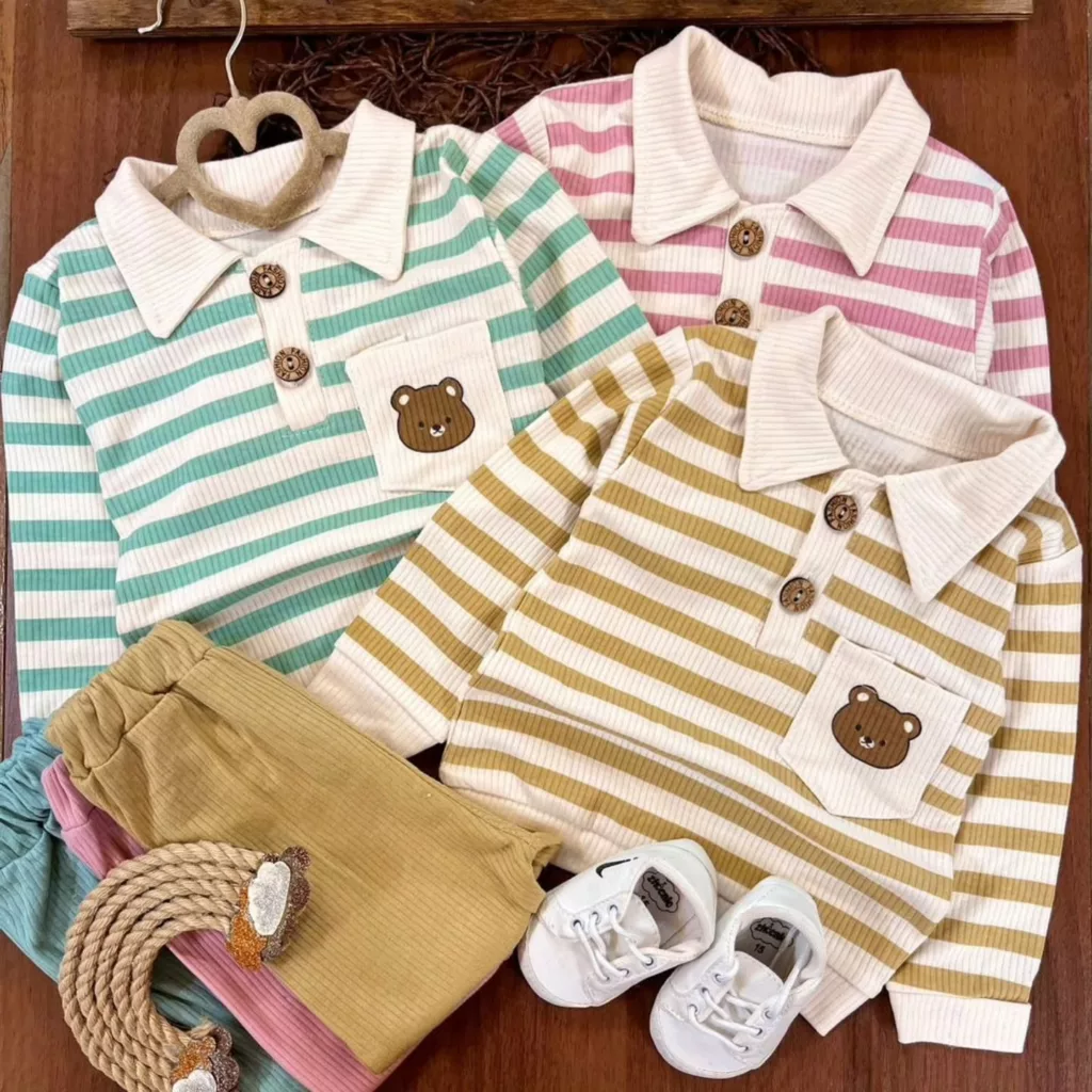 بلوز شلوار کبریتی راه راه یقه دار خرس تدی سایز 35،40 کد 5253