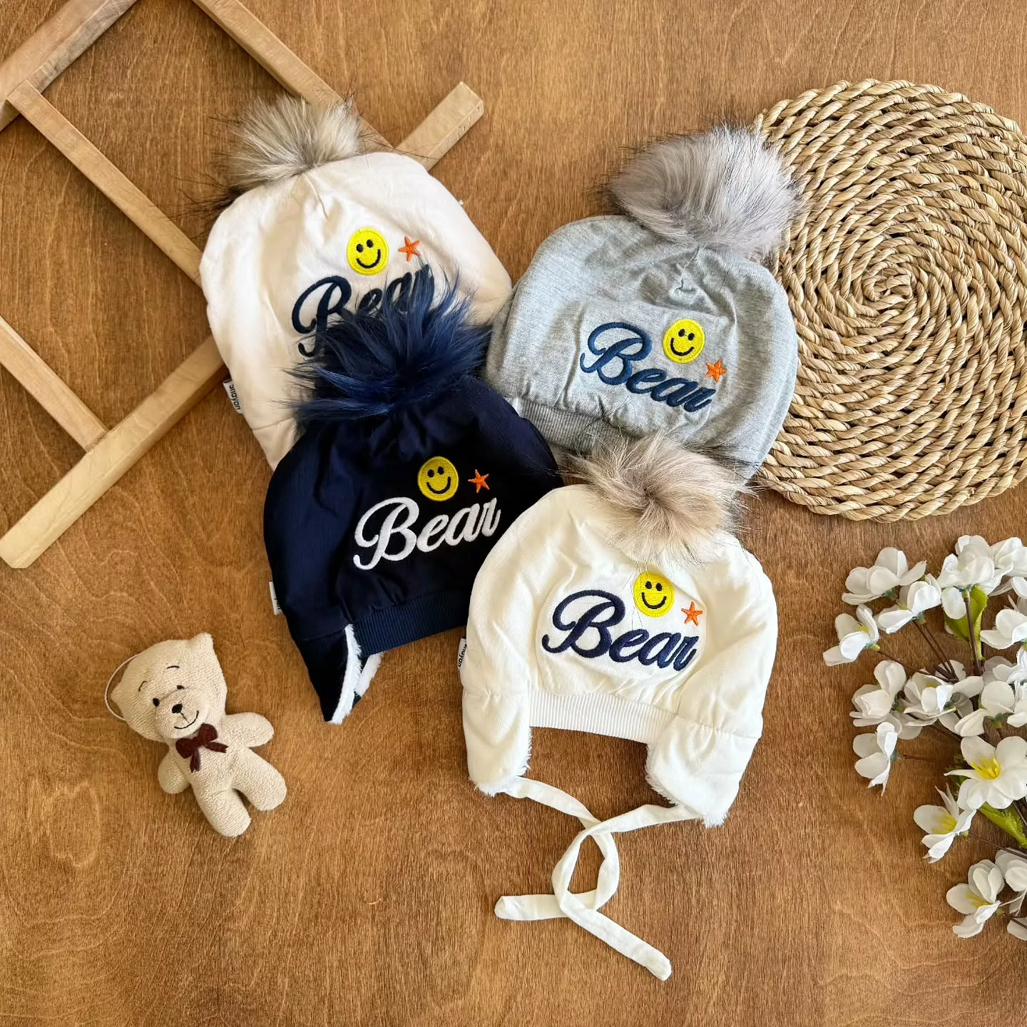 کلاه نخ پنبه گوش دار خزدار bear تک پوم کد 3748