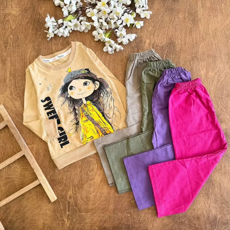بلوز شلوار لنین طرح دختر sweet girl سایز 40 تا 55 کد ۵۲۴۱