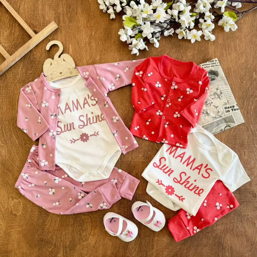 ست سه تکه جلودکمه گل ریز سایز ۱ تا ۳ کد ۵۳۶۹