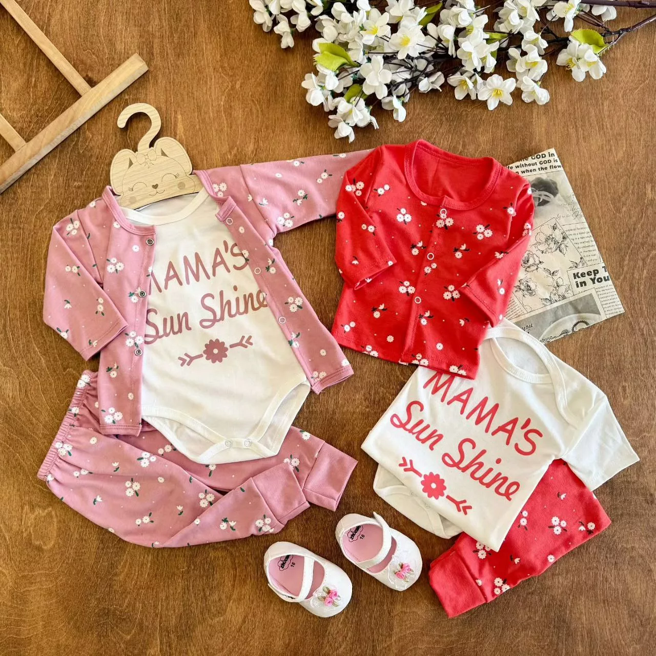 ست سه تکه جلودکمه گل ریز سایز ۱ تا ۳ کد ۵۳۶۹