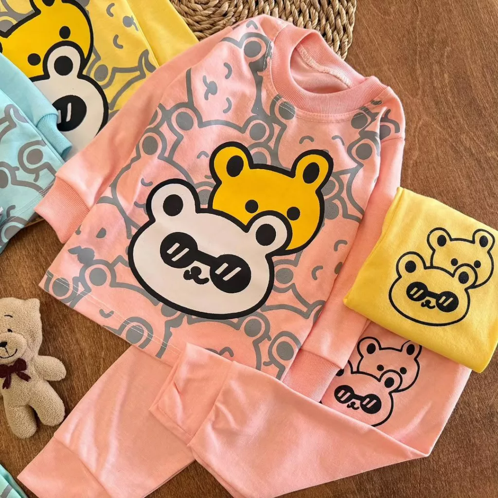 بلوز شلوار خرس زرد و سفید عینکی سایز ۴ تا ۶ کد ۵۳۷۷