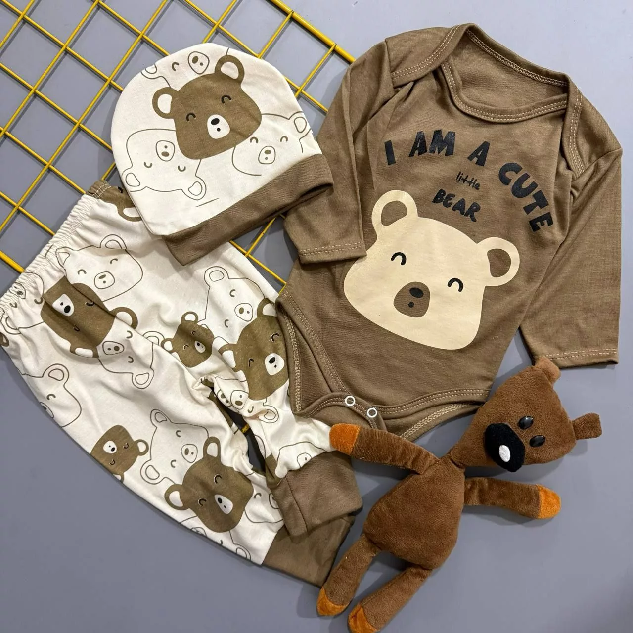 سه تکه بادی شلوار خرس کیوت قهوه ای کد ۵۴۶۸