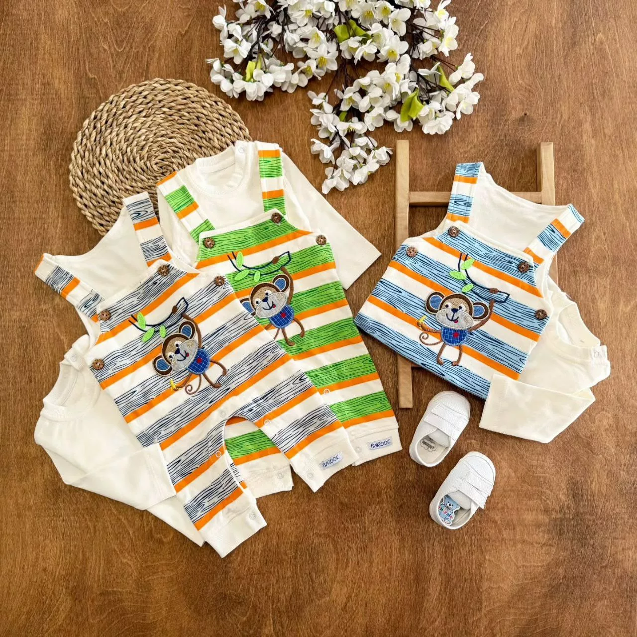 ست پیشبندی پنبه باروک طرح میمون راه راه کد ۵۵۰۴