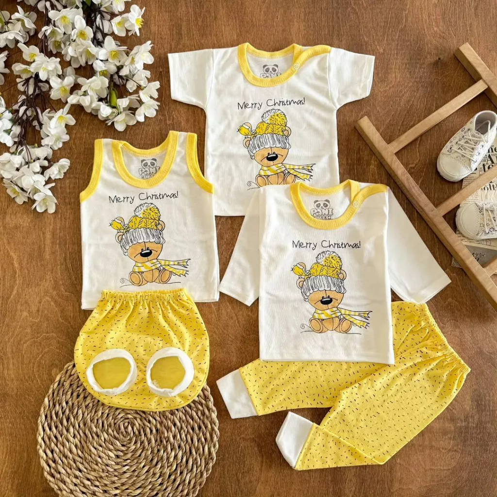 ست ۵ تکه (دکمه دار) خرس شال کلاه زرد کد ۵۵۰۷