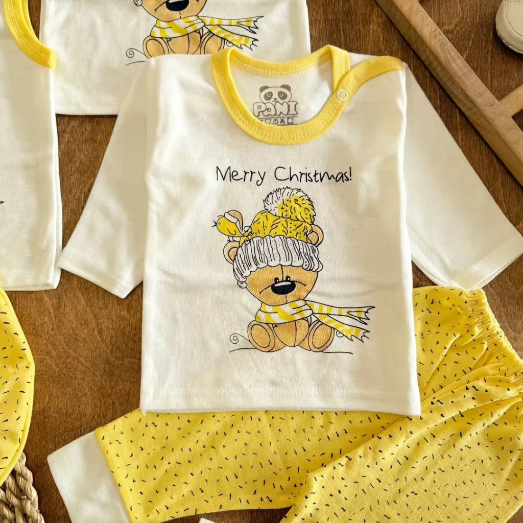 ست ۵ تکه (دکمه دار) خرس شال کلاه زرد کد ۵۵۰۷