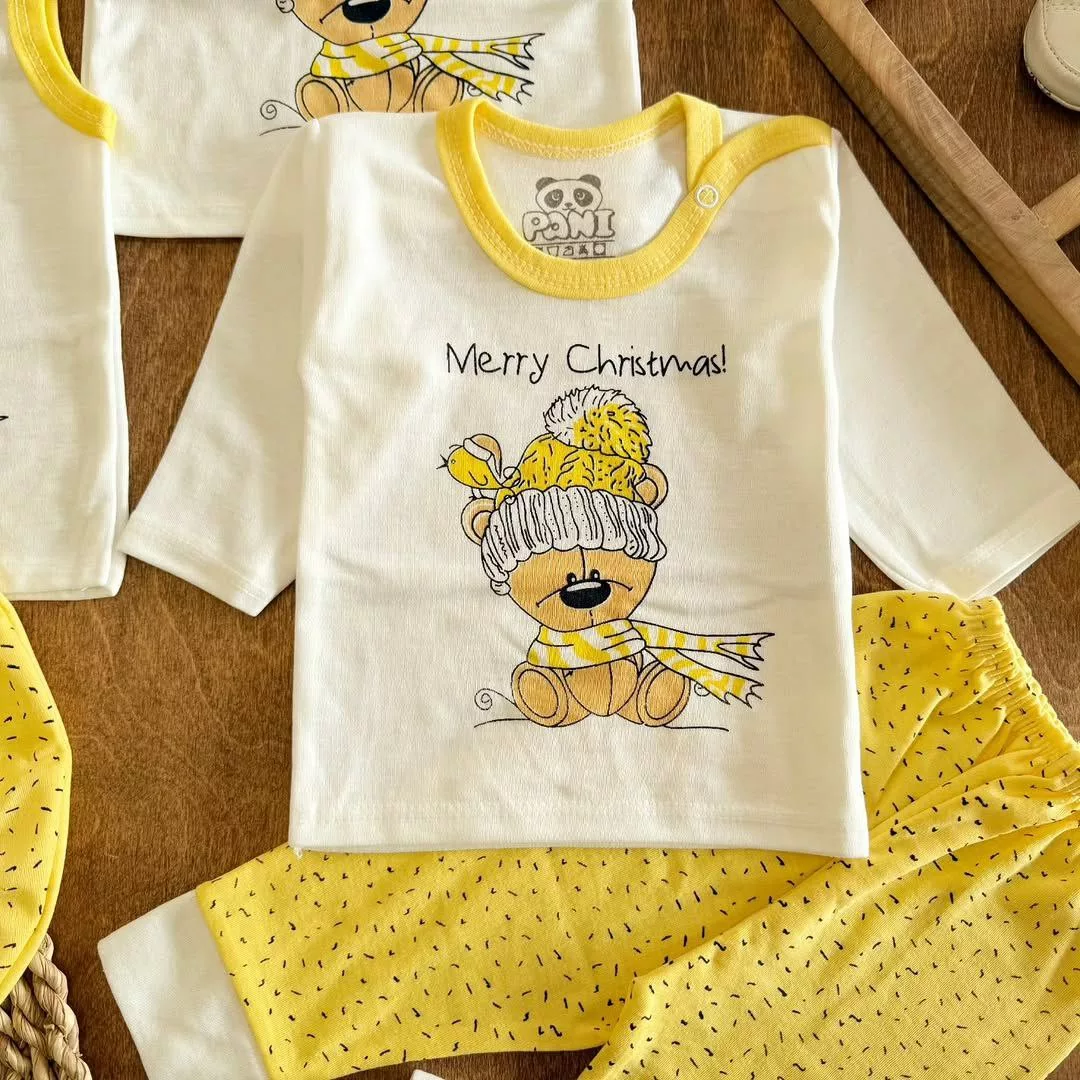 ست ۵ تکه (دکمه دار) خرس شال کلاه زرد کد ۵۵۰۷