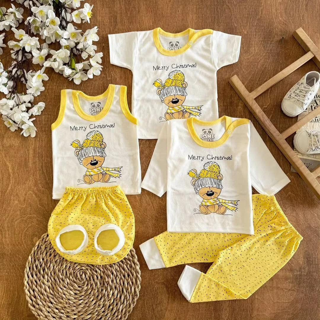 ست ۵ تکه (دکمه دار) خرس شال کلاه زرد کد ۵۵۰۷