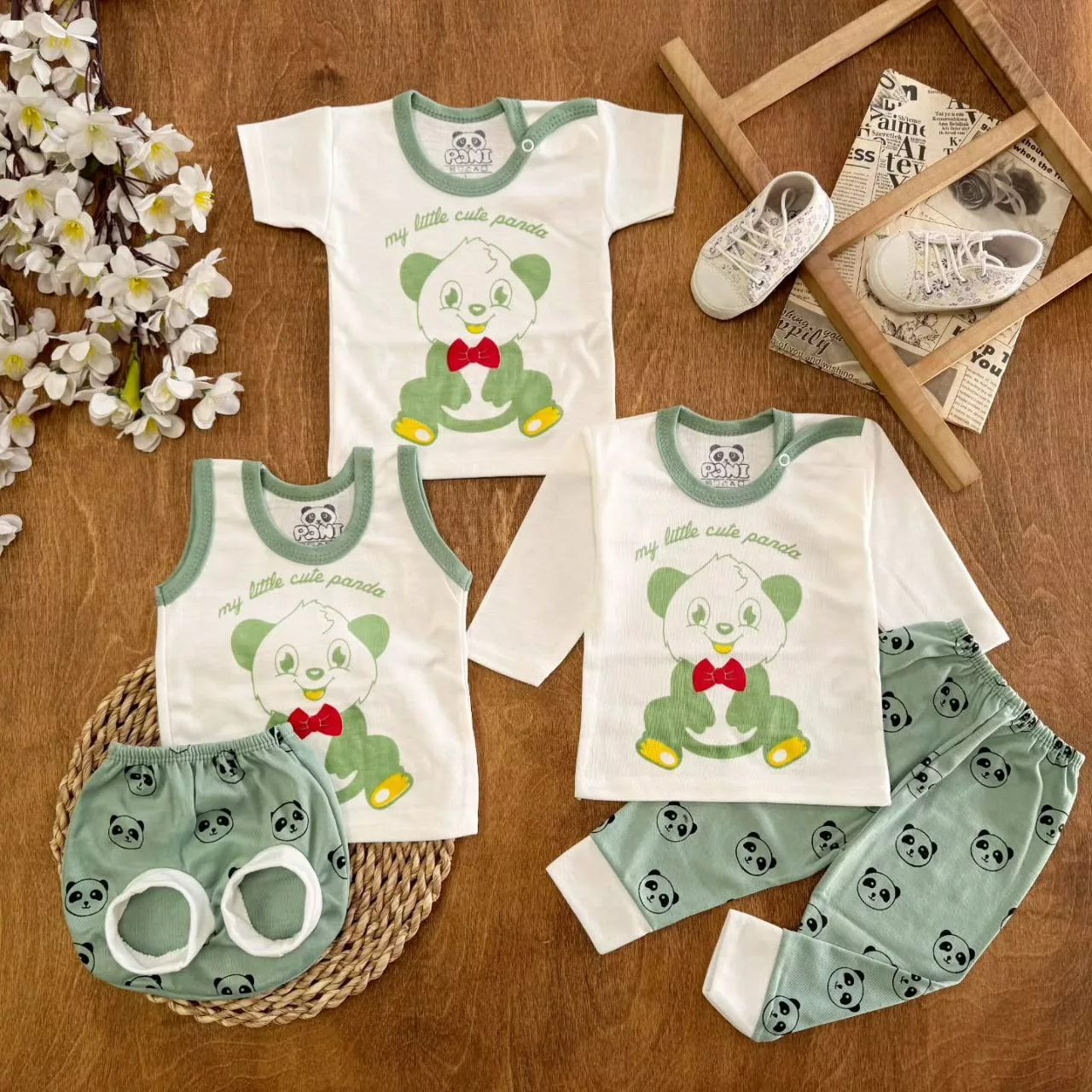 ست ۵ تکه (دکمه دار) پاندا پاپیونی سبز کد ۵۵۱۶