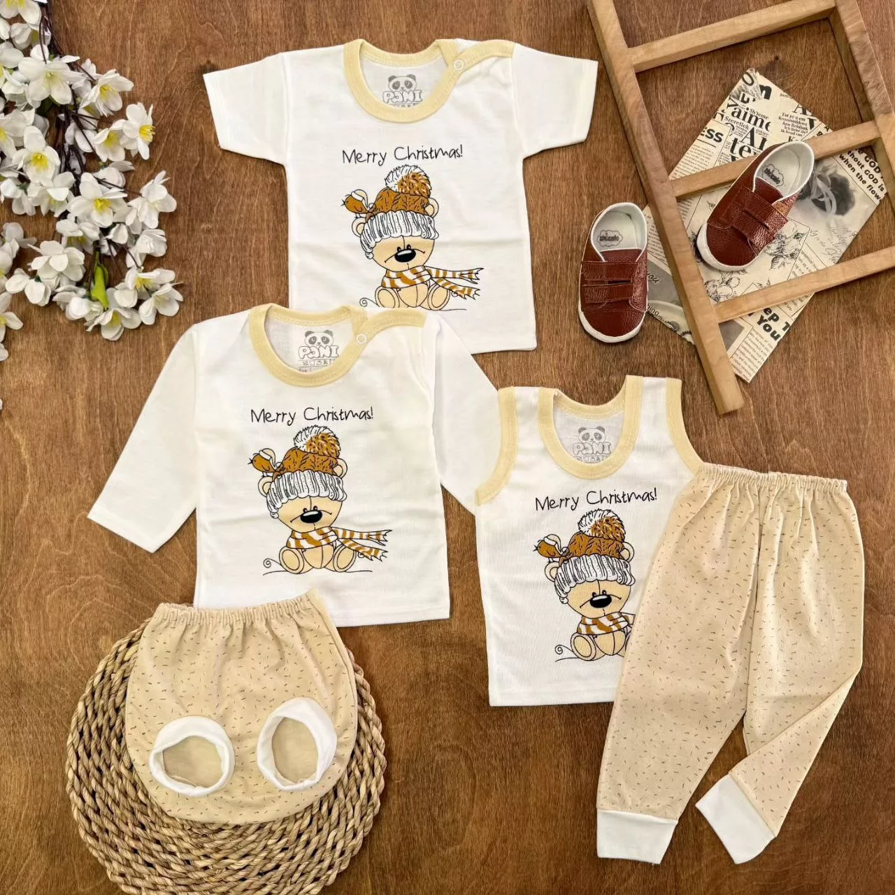 ست ۵ تکه (دکمه دار) خرس شالگردنی کرم کد ۵۵۲۰