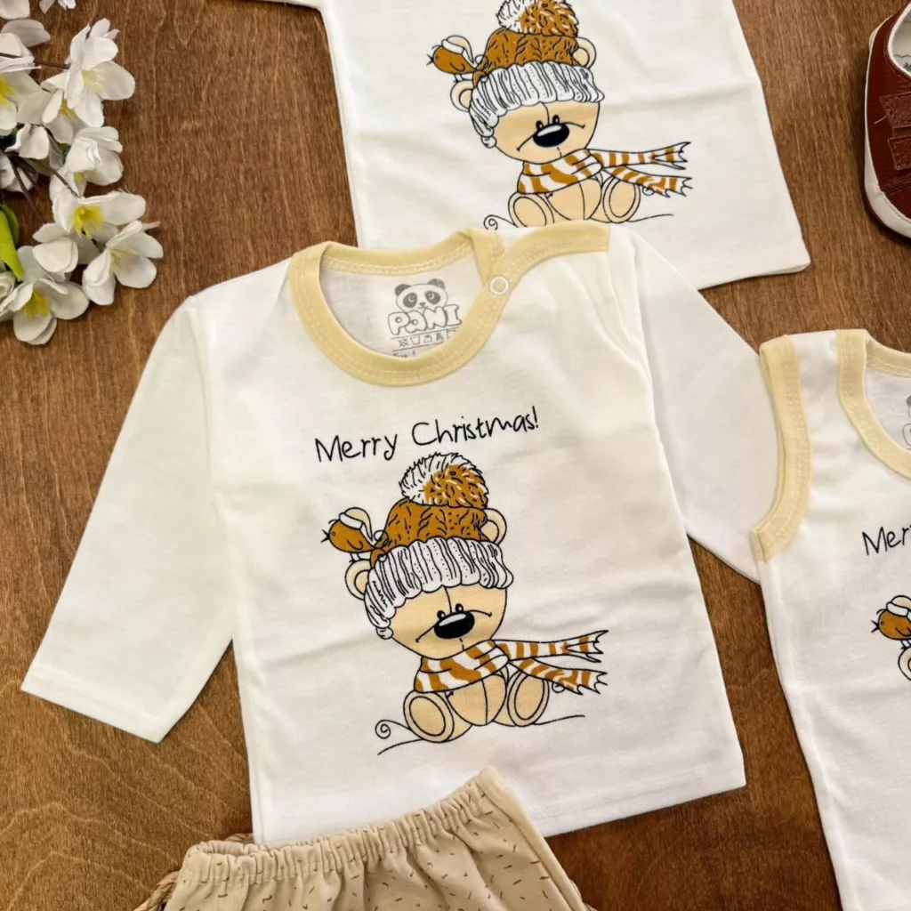 ست ۵ تکه (دکمه دار) خرس شالگردنی کرم کد ۵۵۲۰