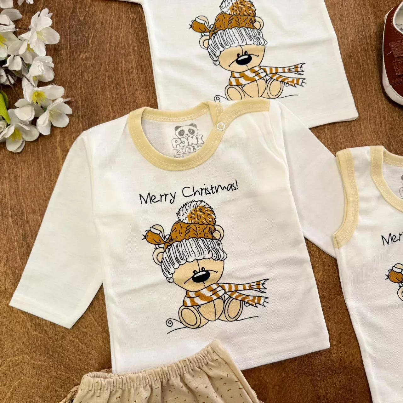 ست ۵ تکه (دکمه دار) خرس شالگردنی کرم کد ۵۵۲۰