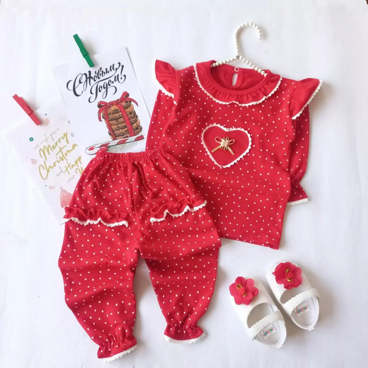 بلوز شلوار قرمز خالدار طرح قلب سایز ۱ تا ۵ کد ۵۵۴۰