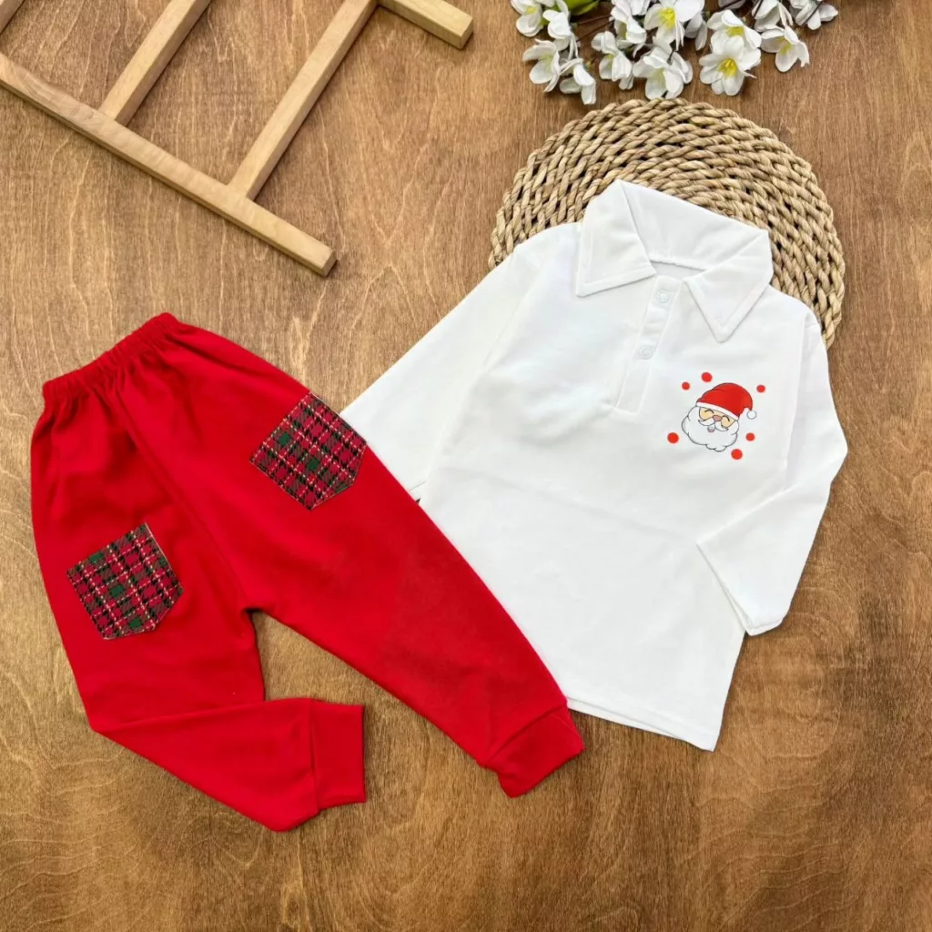 بلوز شلوار پنبه بابانوئل یقه شکاری کد ۵۵۵۳