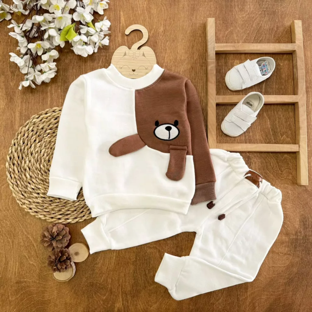 بلوز شلوار توکرکی سفید خرس پادار کد ۵۵۵۴