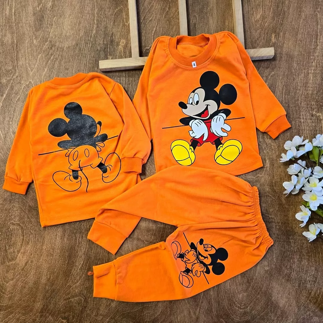 بلوز شلوار نارنجی میکی موس سایز 4 تا 6 کد 5653