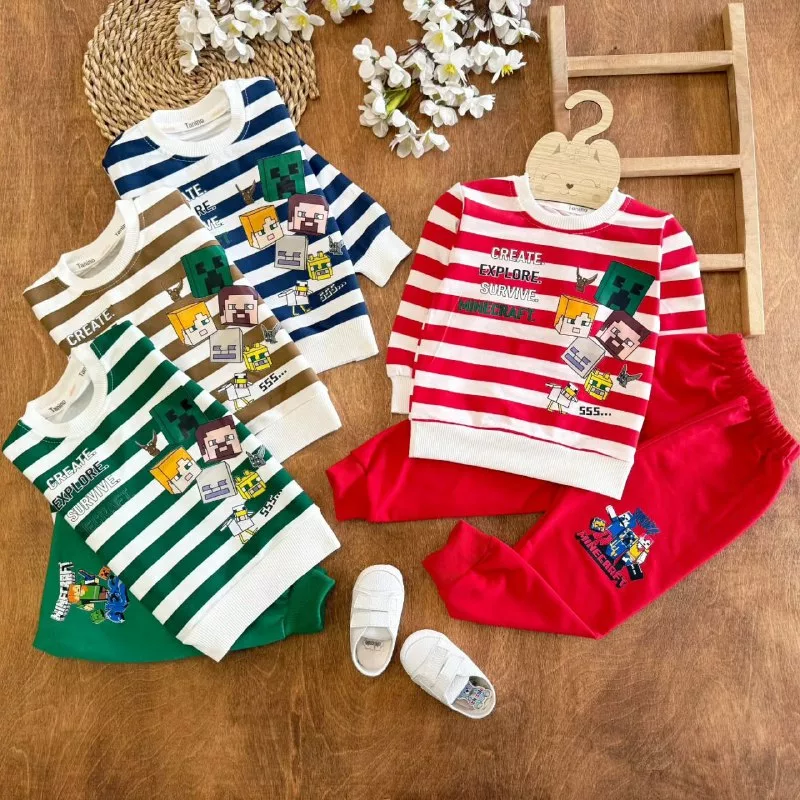 بلوز شلوار راه راه ماینکرفت سایز ۳۵،۴۰ کد ۵۵۷۲