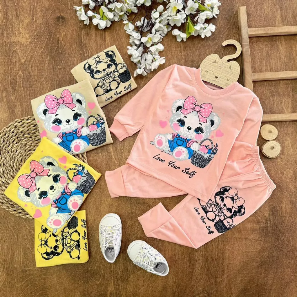 بلوز شلوار دخترانه خرس پاپیونی سایز ۴ تا ۶ کد ۵۵۷۰