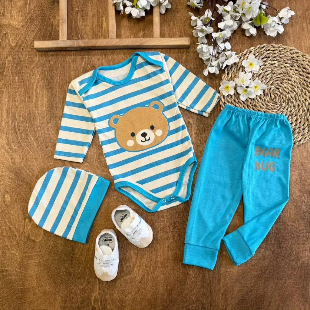 ست سه تکه بادی شلوار خرس راه راه آبی کد ۵۶۱۹