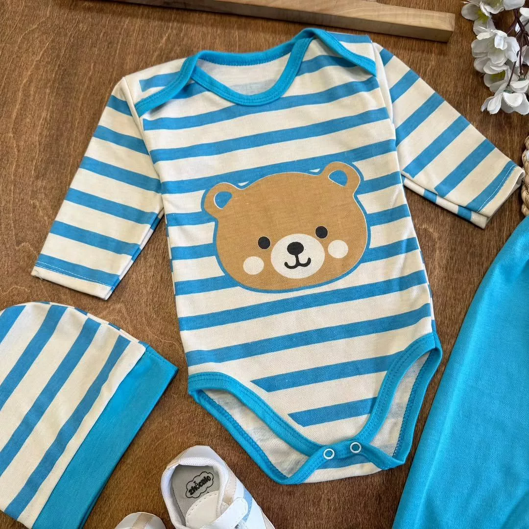 ست سه تکه بادی شلوار خرس راه راه آبی کد ۵۶۱۹