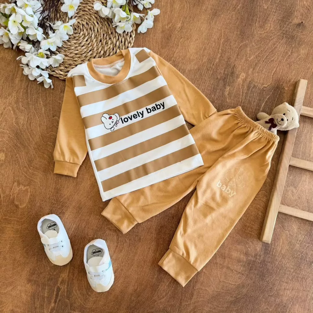 بلوز شلوار قهوه ای راه راه خرگوش lovely سایز ۴ تا ۶ کد ۵۶۵۷