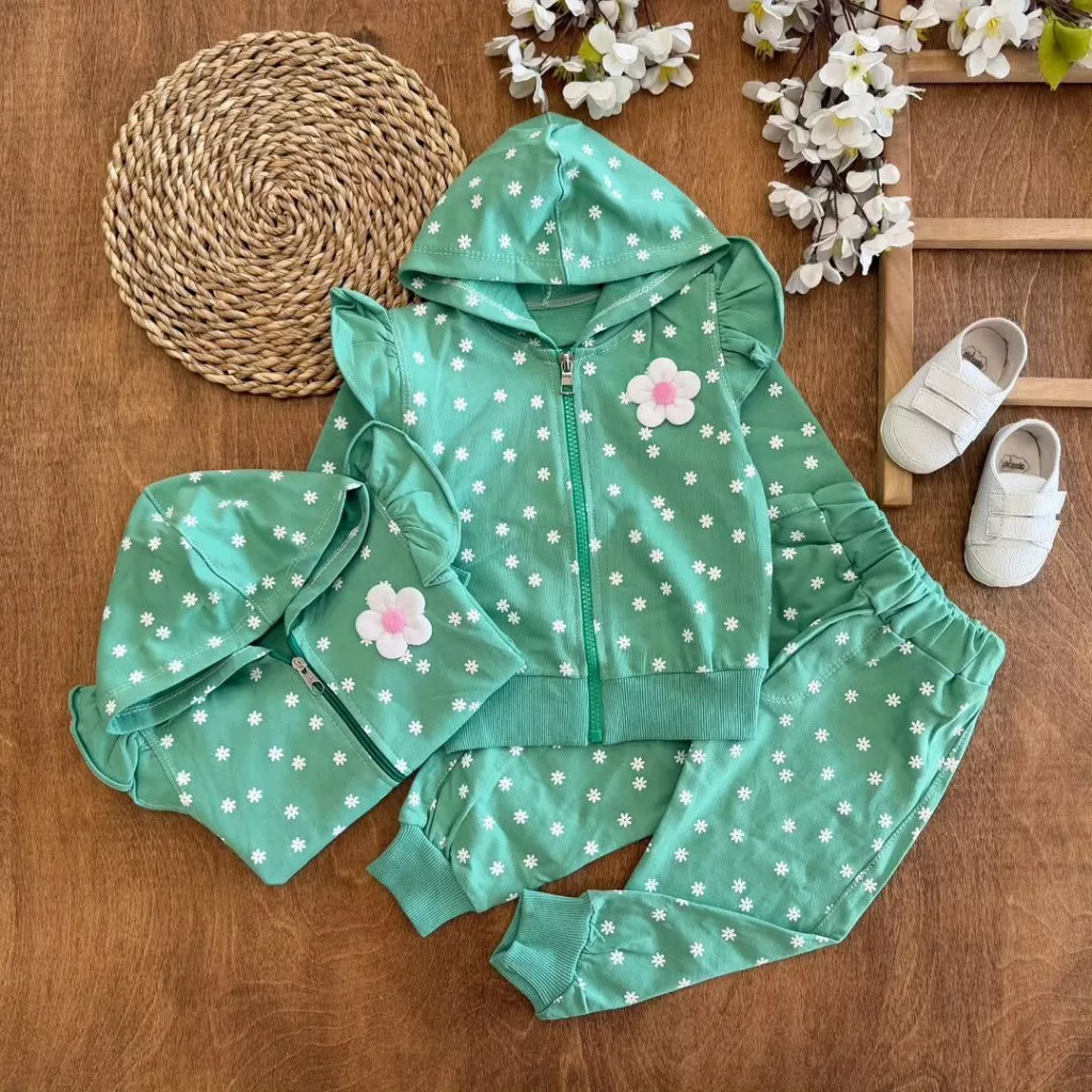 سویشرت شلوار سبز طرح گل سایز ۳۵،۴۰ کد ۵۶۶۴